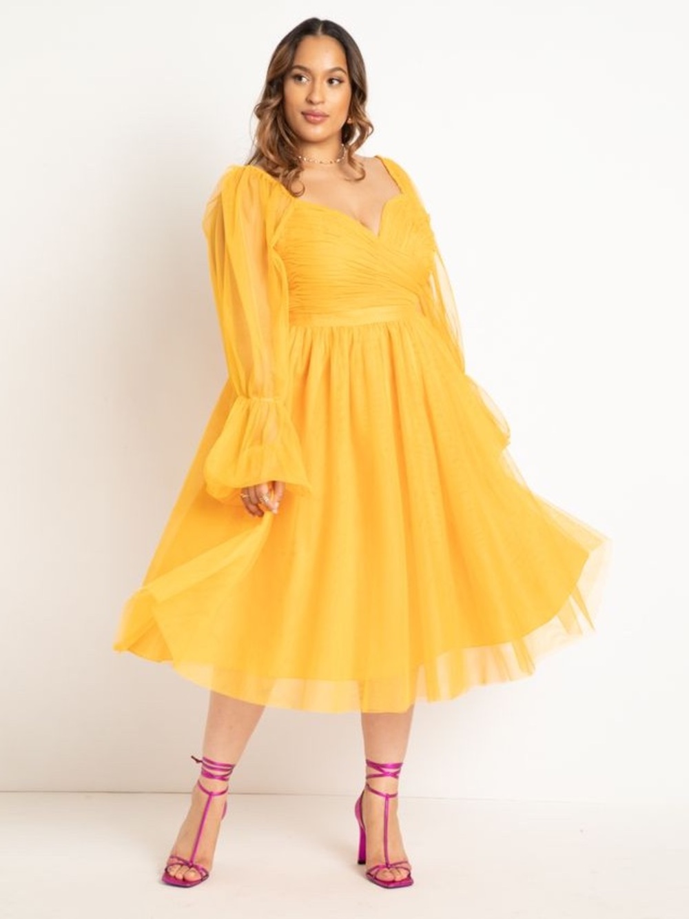Yellow Tulle Midi Dress with Puff Sleeves